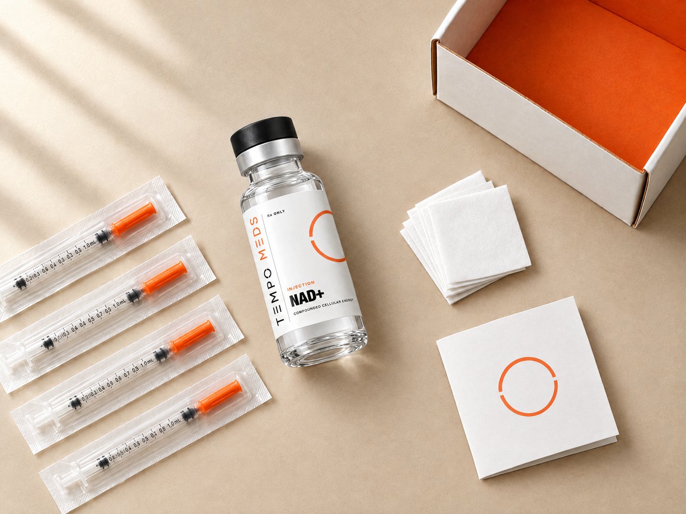 A Tempo Meds NAD+ kit: vial, syringes, alcohol pads, dosing card and box